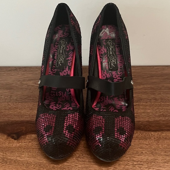 Iron Fist Digi Skull Black/Pink Sequin Platform Pumps Size 7 - Picture 5 of 14